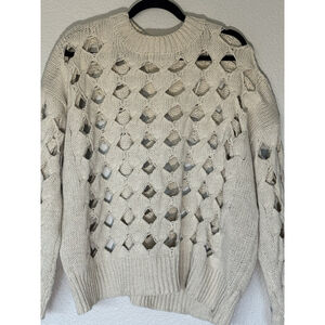 Stitch Feather Open Weave Chunky Knit Sweater Women’s L Cream Neutral Boho